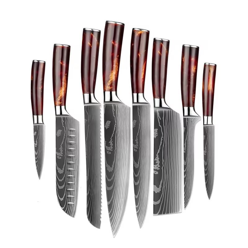 Ceronni Kırmızı Reçine Saplı 8li Japon Tarzı Bıçak Seti