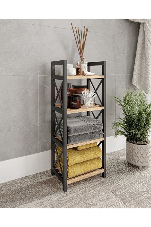 Ravilo Çok Amaçlı Dekoratif Banyo Rafı Mini 4 Katlı Meşe