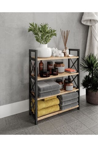 Ravilo Çok Amaçlı Dekoratif Banyo Rafı 4 Katlı Meşe