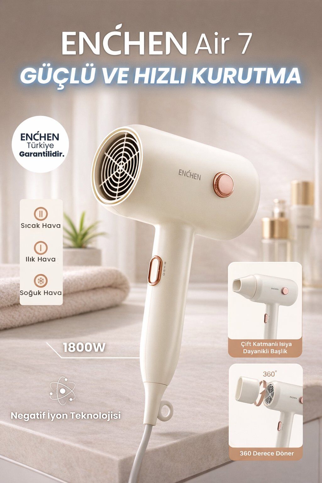 Air 7 1800 Watt Negatif İyonik Teknoloji 3 Sıcaklık Modlu Saç Kurutma Makinesi