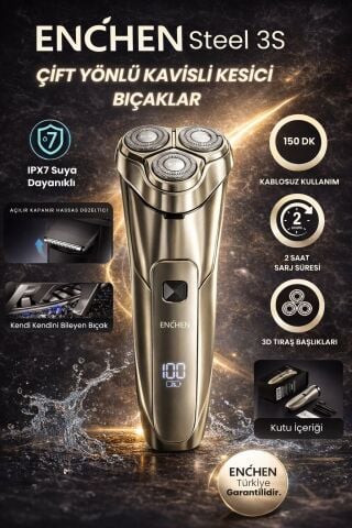 Steel 3S Gold Çift Yönlü Kavisli Bıçaklı Dijital Ekranlı Suya Dayanıklı Şarjlı Tıraş Makinesi