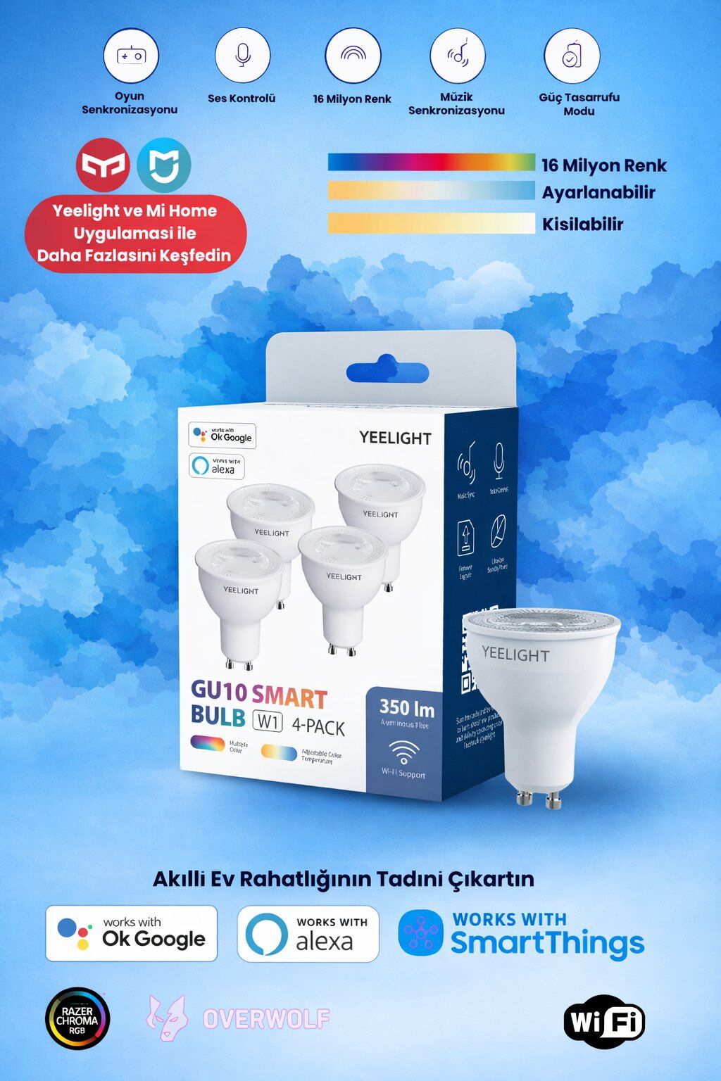 W1 Led Akıllı Ampul Gu10 (RENKLİ) (4'LÜ) (DİSTRİBÜTÖR GARANTİLİ)