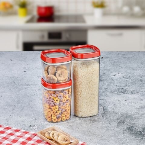 Ceronni Bonny Erzak Saklama Kabı 3lü Set 1,8Lt - 1Lt - 600Ml Kırmızı