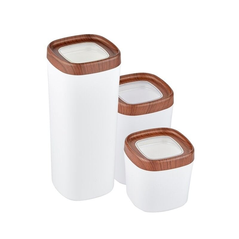 Ceronni Bonny Erzak Saklama Kabı 3Lü Set Ahşap Kaplama Kapak Renkli Hazne 1,8Lt - 1Lt - 600Ml Koyu Ahşap