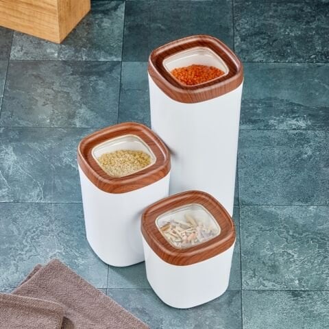 Ceronni Bonny Erzak Saklama Kabı 3Lü Set Ahşap Kaplama Kapak Renkli Hazne 1,8Lt - 1Lt - 600Ml Koyu Ahşap