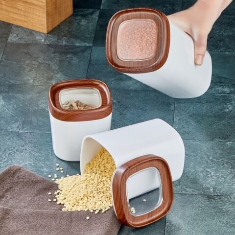 Ceronni Bonny Erzak Saklama Kabı 3Lü Set Ahşap Kaplama Kapak Renkli Hazne 1,8Lt - 1Lt - 600Ml Koyu Ahşap