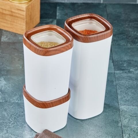 Ceronni Bonny Erzak Saklama Kabı 3Lü Set Ahşap Kaplama Kapak Renkli Hazne 1,8Lt - 1Lt - 600Ml Koyu Ahşap