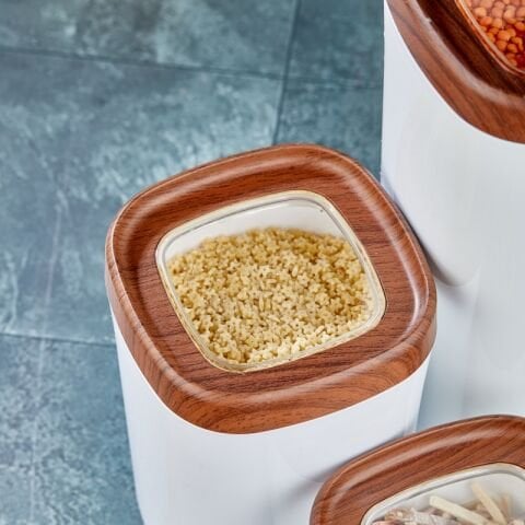 Ceronni Bonny Erzak Saklama Kabı 3Lü Set Ahşap Kaplama Kapak Renkli Hazne 1,8Lt - 1Lt - 600Ml Koyu Ahşap
