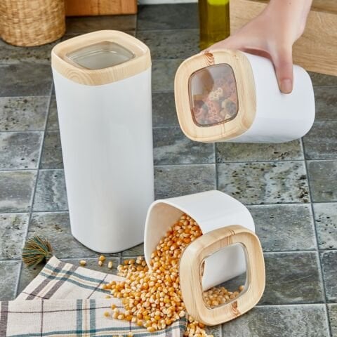 Ceronni Bonny Erzak Saklama Kabı 3Lü Set Ahşap Kaplama Kapak Renkli Hazne 1,8Lt - 1Lt - 600Ml Açık Ahşap