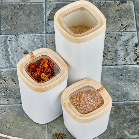 Ceronni Bonny Erzak Saklama Kabı 3Lü Set Ahşap Kaplama Kapak Renkli Hazne 1,8Lt - 1Lt - 600Ml Açık Ahşap