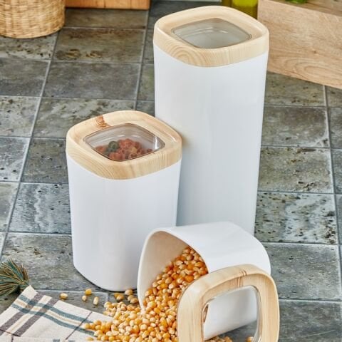 Ceronni Bonny Erzak Saklama Kabı 3Lü Set Ahşap Kaplama Kapak Renkli Hazne 1,8Lt - 1Lt - 600Ml Açık Ahşap