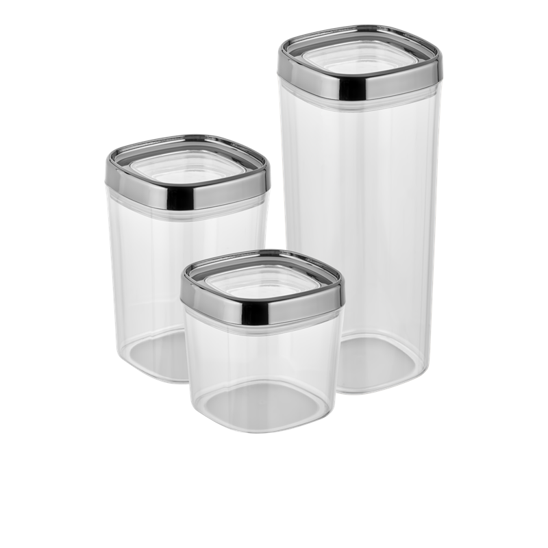 Ceronni Bonny Erzak Saklama Kabı 3Lü Set Metalik Kaplama Kapak 1,8Lt - 1Lt - 600Ml Metalik Gümüş