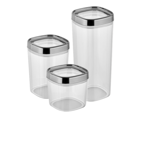 Ceronni Bonny Erzak Saklama Kabı 3Lü Set Metalik Kaplama Kapak 1,8Lt - 1Lt - 600Ml Metalik Gümüş
