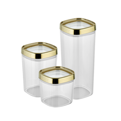 Ceronni Bonny Erzak Saklama Kabı 3Lü Set Metalik Kaplama Kapak 1,8Lt - 1Lt - 600Ml Metalik Altın